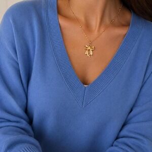 Gold Bow Pendant Necklace Beaded Chain Coquette Old Money Y2K Coquette
